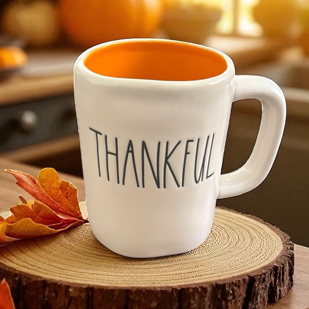 NWT RAE DUNN Ceramic THANKFUL Large Mug Autumn Fall White Orange